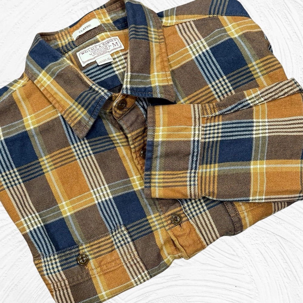 J.Crew Wallace & Barnes Shirt Mens M Blue‎ Brown Plaid Flannel Classic Button Up